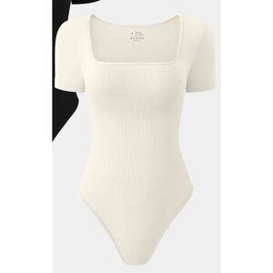 OQQ Beige Women's‎ Medium Square Neck Short Sleeve Body Suit